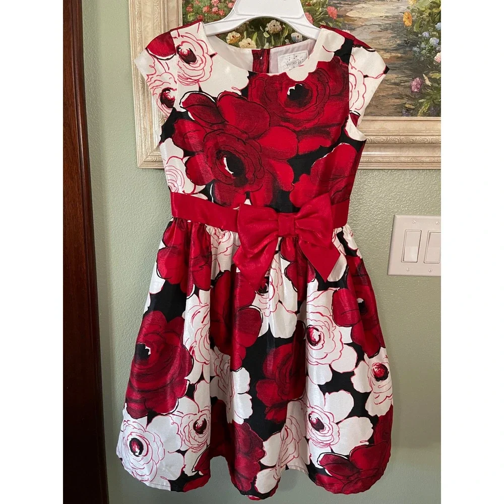 Gymboree Red White Floral Roses Holidays Party Formal Dress Waist Bow Size 8